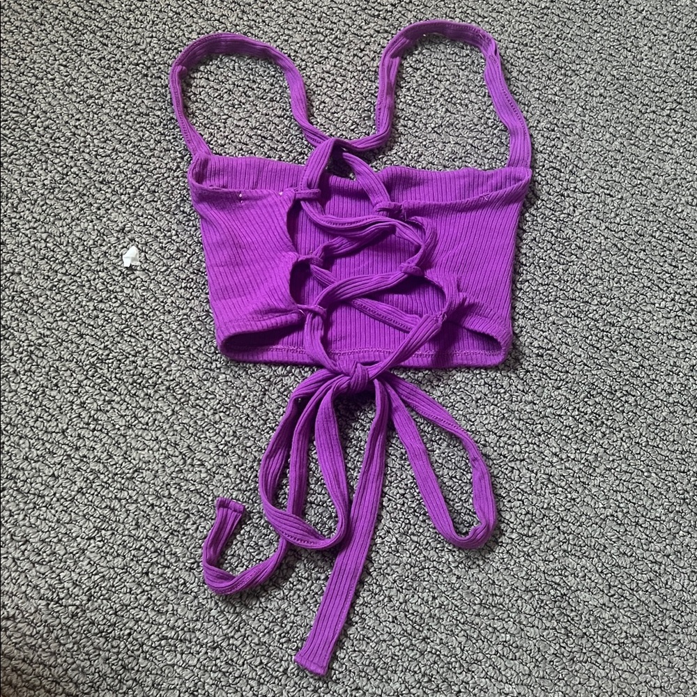 Purple Ribbed Tie-back Crop Top - Picture 2 of 2